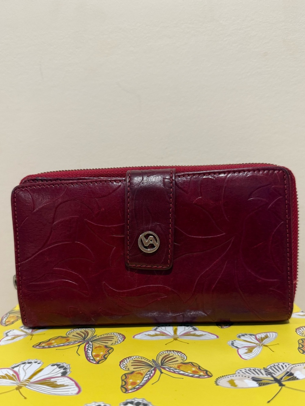 Valentina Deep Burgundy Floral-Embossed Zip Wallet